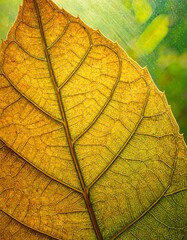 Obraz premium A detailed close-up view of a leaf's intricate vein structure, showcasing vibrant golden and green hues.