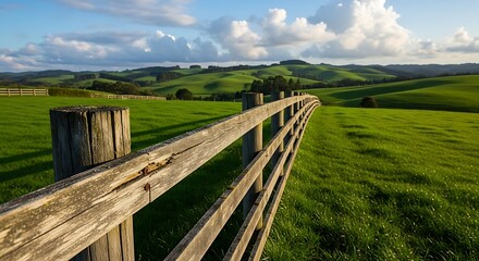 Fototapeta premium Rustic wooden fence leading through rolling green hills under a blue sky with clouds