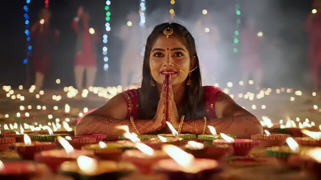 Diwali Woman praying amidst lights.