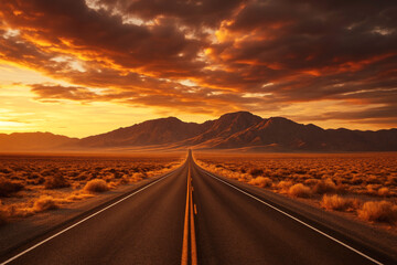 Fototapeta premium Long desert highway receding into mountains under a dramatic cloudy sunset road landscape