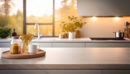 modern kitchen interior a kitchen counter in gray and white tones close up with space for inscription warm golden glow soft dreamy atmosphere hazy soft light radiant and luxurious