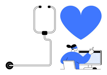 Doctor at desk pointing at computer screen, large heart symbol and stethoscope beside. Ideal for telemedicine, healthcare, diagnosis, online consultation, medical technology, health apps, simple