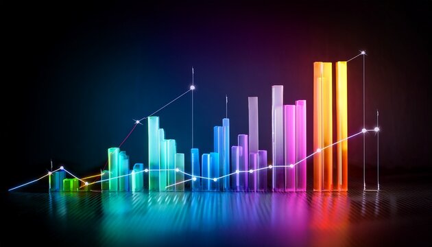 colorful 3d bar chart with glowing line graph on dark background