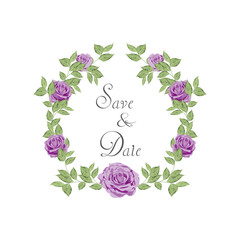 Design elements for wedding invitation templates and other cards.
Elegant purple rose and green leaf decoration concept.
Vector illustration.