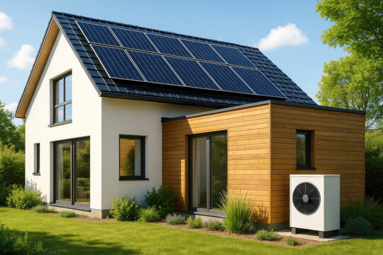 Modern house with solar panels and heat pump in a green garden home residential building