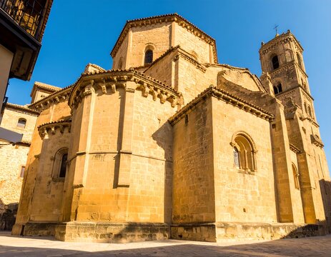 A sunlit view of a historic church, featuring intricate stonework and a tall bell tower, set against a clear blue sky.