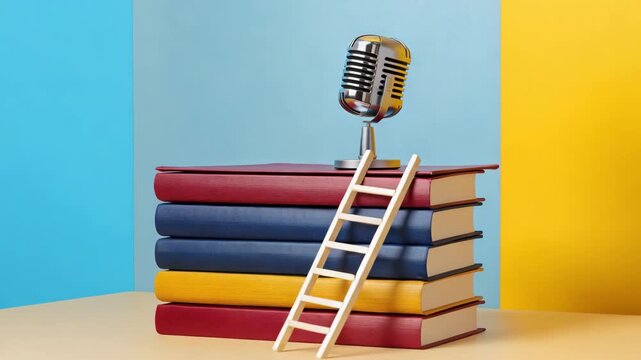 A silver vintage microphone atop a stack of books, next to a small ladder, set against contrasting blue and yellow backgrounds.
