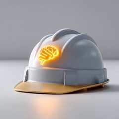 White hard hat with glowing brain symbol on front, symbolizing smart construction