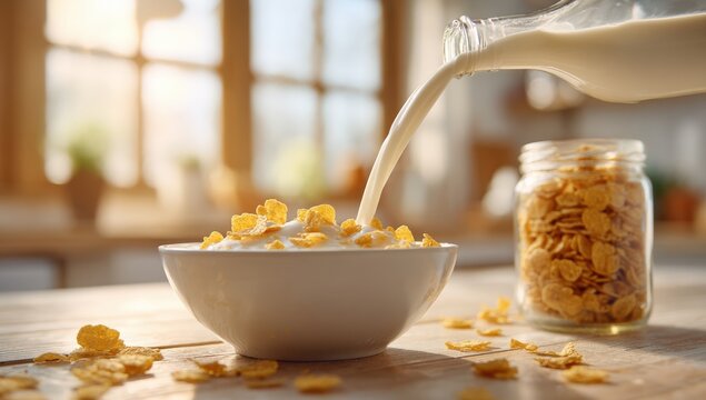 Milk being poured over cereal in a bowl - Powered by Adobe