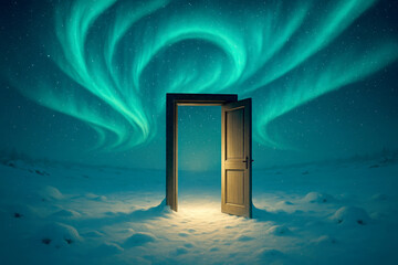 Open wooden door in a dark snowy landscape under a swirling green aurora borealis northern lights night sky