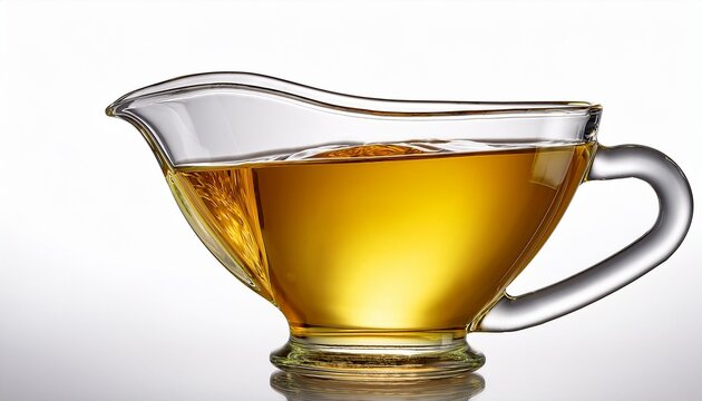 glass pitcher filled with golden liquid on white background