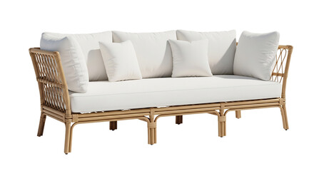 Elegant natural rattan sofa with plush white cushions, ideal for modern interior design, outdoor patio spaces, home decor projects, and luxury furniture advertisements,