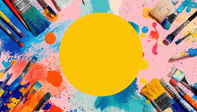 Colorful paintbrushes and vibrant splashes on a pastel background with a yellow circle