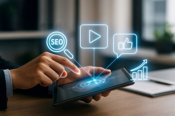 Person using tablet with digital marketing icons and growth chart video social media
