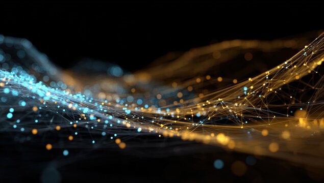 Abstract digital wave of interconnected points and lines in blue and gold