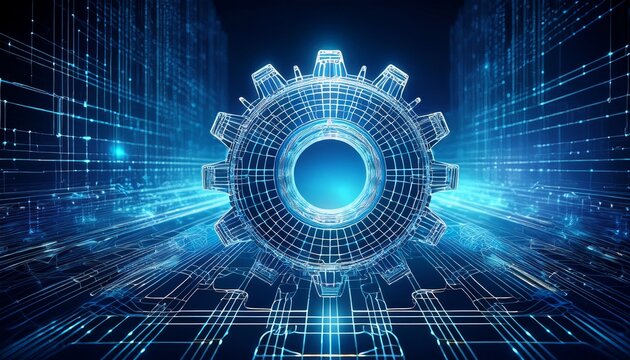 in the digital realm a meticulously detailed wireframe representation of a gear emerges against a deep blue backdrop symbolizing the intricacies of mechanical engineering and innovation