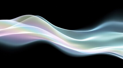 Naklejka premium Serene iridescent abstract waves on black, ideal for tech presentations, luxury branding, wellness apps, and modern artistic backgrounds