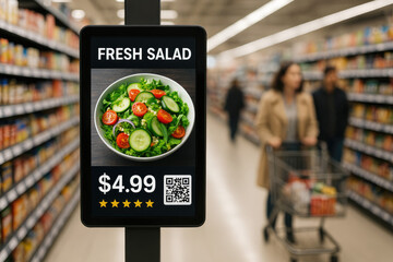 Shopper Pushing Cart Past Digital Display Advertising Fresh Salad in Supermarket grocery store aisle