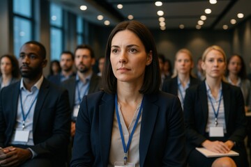 Obraz premium Professional businesswoman attentively participating in corporate conference with colleagues in modern auditorium