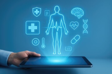 Tablet displaying human body scan with medical AI and health data image photo