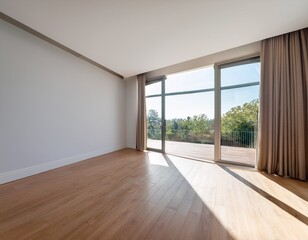 Obraz premium bright and open empty room with large window and wooden floor in modern interior design style