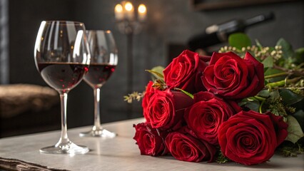 Valentine’s Day still life of red roses and wine glasses