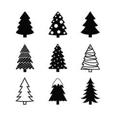 Vector art of assortment of nine stylized black christmas tree icons with varying decorations