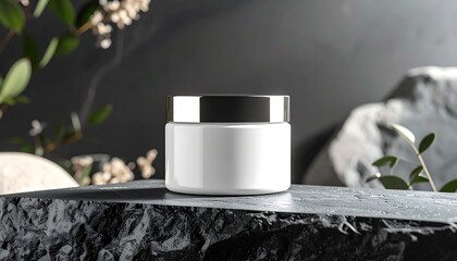 Elegant white cosmetic jar rests on dark stones, nestled amongst greenery.