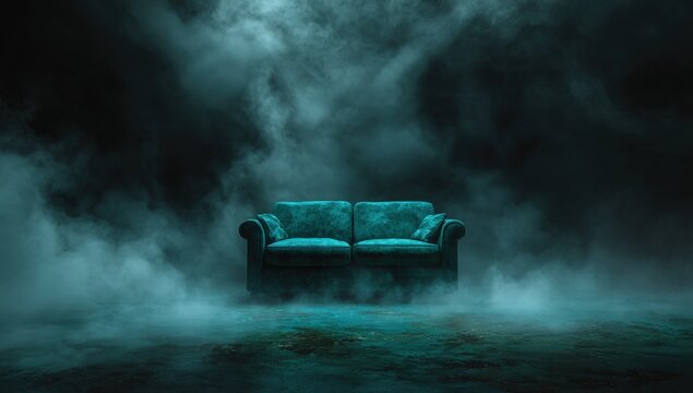 Teal couch in a smoky, dark room