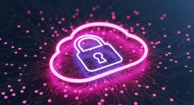 Glowing cloud padlock over circuitboard