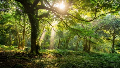 lush green forest canopy with sunlight streaming through dense trees peaceful natural landscape
