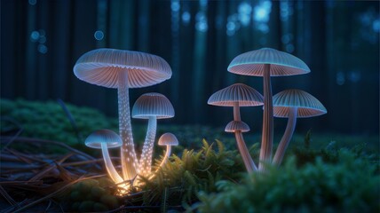 Cluster of luminous mushrooms in a dark woodland setting.