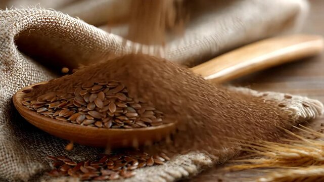 Exploring the nutritional benefits of flaxseeds on a wooden spoon with burlap background in a cozy setting