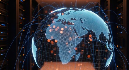 Glowing digital globe over server racks with network connections overlayed