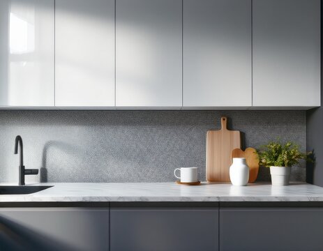 modern kitchen counter in gray and white tones close up with space for an inscription