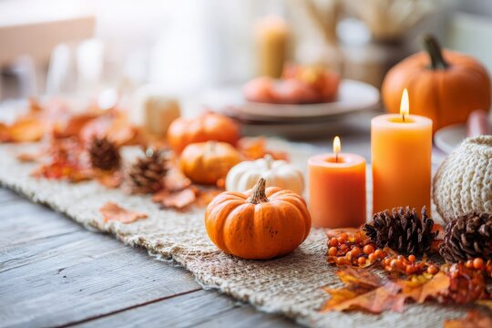 Halloween pumpkins candles glow, autumn leaves scatter rustic table, warm light