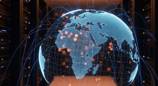 Glowing digital globe over server racks with network connections overlayed