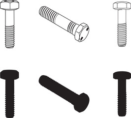 Various Views of Hex Head Bolts Technical  Line Art and Silhouettes