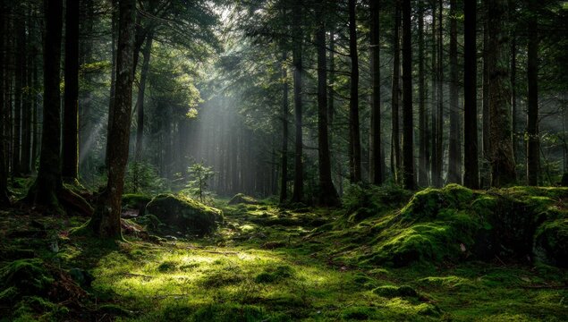 Sunlight streams through a dense mossy forest