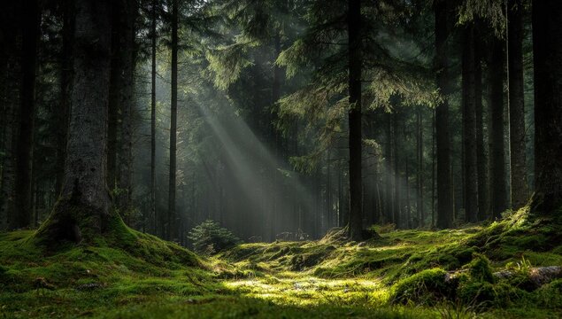 Sunlight streams through a dense forest (1)