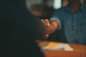 Business owner engaging in a professional handshake, celebrating a successful negotiation in a modern office setting