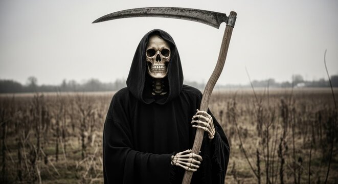 Grim reaper skeleton stands in field, holding scythe on overcast day - Powered by Adobe