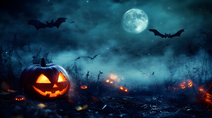 Fototapeta premium Dark Halloween background with glowing pumpkins, bats flying across a night sky, full moon and eerie fog, creating a spooky yet magical cinematic atmosphere perfect for festive seasonal designs.