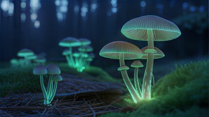 Bioluminescent mushrooms glowing in a dark forest at night.