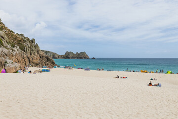 Porthcurno Beach, Cornwall. Golden sand, turquoise sea and granite cliffs