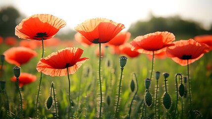 Vibrant Red Poppies in a Sunny Field, Blooming Flowers
