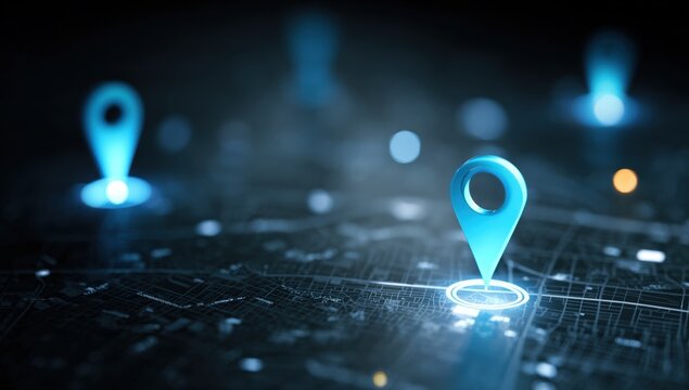 Abstract digital map with glowing location markers
