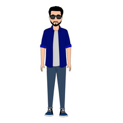 Modern man in blue jacket and sunglasses standing against black background