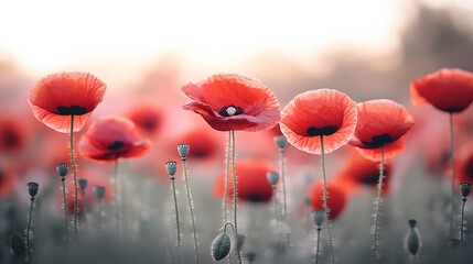 Vibrant Red Poppies Field at Sunset, Summer Flowers