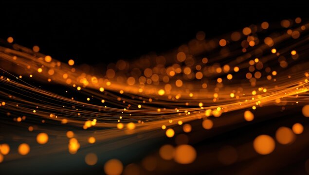 Abstract golden particles flowing on dark background